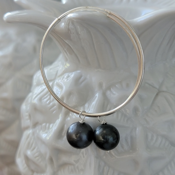 New Large Hoop Tahitian Pearl Earrings Sterling Silver - Picture 10 of 11